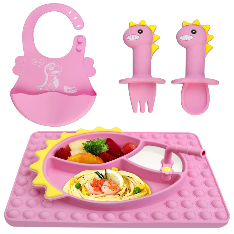 Silicone Baby Feeding Set | Baby Led Weaning Supplies Set Includes Divided Plate with Suction Baby Spoon Fork Self Feeding | Baby Toddler Eating Utensils Set