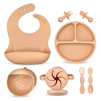 Baby Led Weaning Supplies -Silicone Baby Feeding Set 9 pieces -Suction Bowl Bib Divided Plate Cup snack cup Self Feeding Spoons -Toddler Baby Dish set Eating Utensils baby eat essentials (Cream)