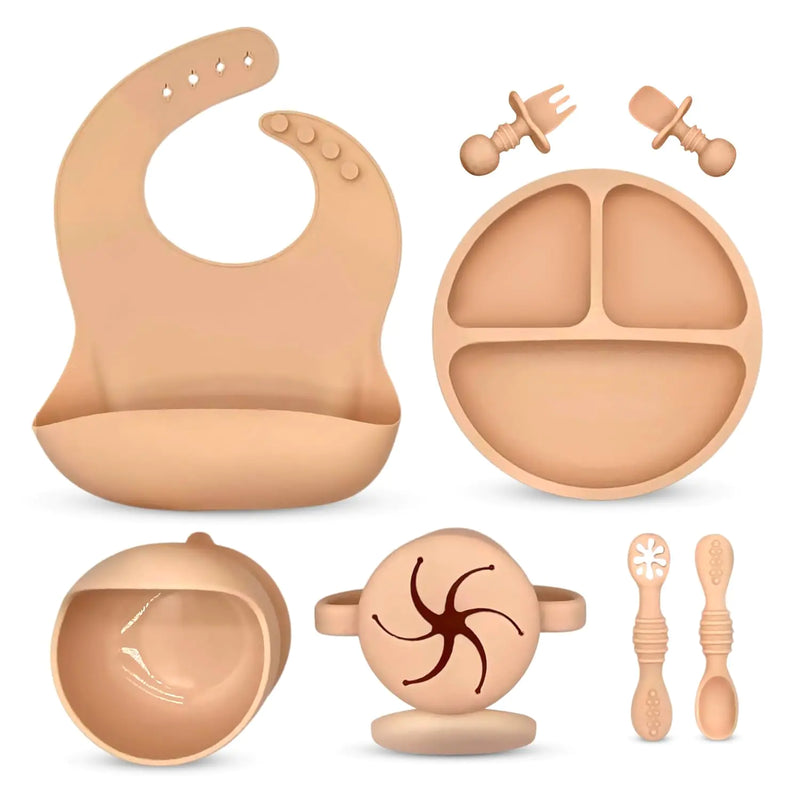 Baby Led Weaning Supplies -Silicone Baby Feeding Set 9 pieces -Suction Bowl Bib Divided Plate Cup snack cup Self Feeding Spoons -Toddler Baby Dish set Eating Utensils baby eat essentials (Cream)